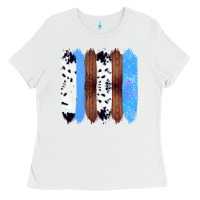 White Western Farm Life Cowhide Wood Blue Glitter Brush Stroke Ladies Tee - Bettercallsaul