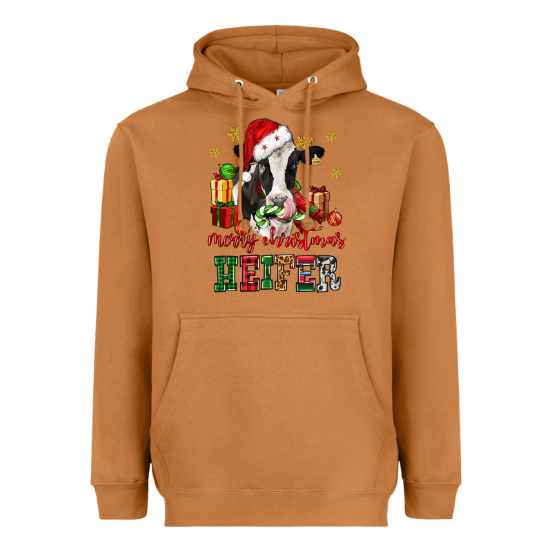 Merry Christmas Heifer Cow Heavyweight Hoodie by CowGirlArtShop | Teevron