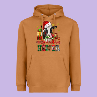 Merry Christmas Heifer Cow Heavyweight Hoodie Designed By Cowgirlartshop