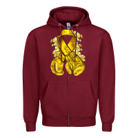 Burgundy Childhood Cancer yellow ribbon with boxing gloves Zipper Hoodie - NancyCooperArtShop