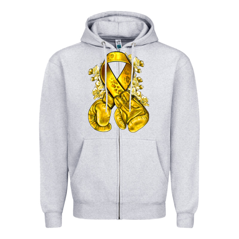 Childhood Cancer Yellow Ribbon With Boxing Gloves Zipper Hoodie by NancyCooperArtShop | Teevron