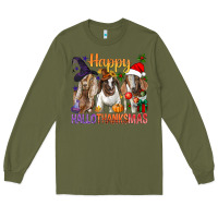 Army Green Happy Hallothanksmas Goats Long Sleeve Tee - BundleAndBundleShop