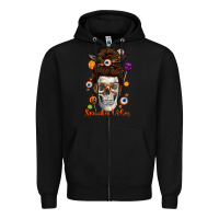 Black Spooky Vibes Skull Messy Bun Zipper Hoodie - texasbilliewilder