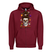 Burgundy Spooky Vibes Skull Messy Bun Zipper Hoodie - texasbilliewilder
