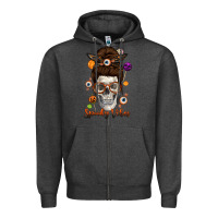 Charcoal Heather Spooky Vibes Skull Messy Bun Zipper Hoodie - texasbilliewilder