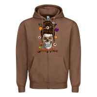 Chestnut Spooky Vibes Skull Messy Bun Zipper Hoodie - texasbilliewilder