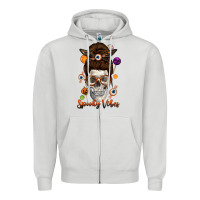 Dove Grey Spooky Vibes Skull Messy Bun Zipper Hoodie - texasbilliewilder