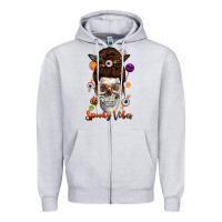 Heather Grey Spooky Vibes Skull Messy Bun Zipper Hoodie - texasbilliewilder