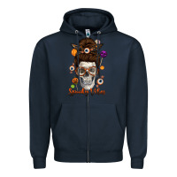 Navy Spooky Vibes Skull Messy Bun Zipper Hoodie - texasbilliewilder