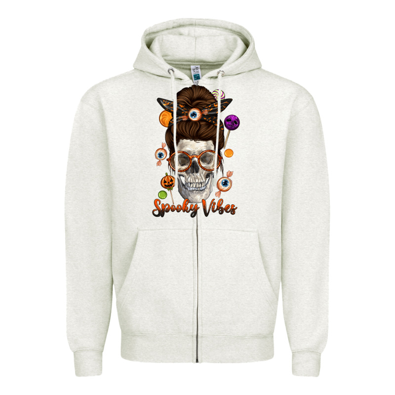 Spooky Vibes Skull Messy Bun Zipper Hoodie by texasbilliewilder | Teevron