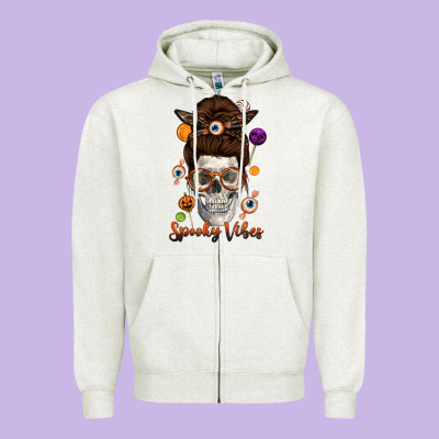 Spooky Vibes Skull Messy Bun Zipper Hoodie Designed By Texasbilliewilder