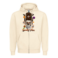 Sandshell Spooky Vibes Skull Messy Bun Zipper Hoodie - texasbilliewilder