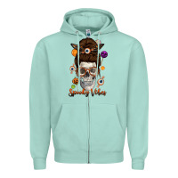 Seafoam Spooky Vibes Skull Messy Bun Zipper Hoodie - texasbilliewilder
