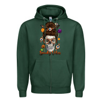 Sports Green Spooky Vibes Skull Messy Bun Zipper Hoodie - texasbilliewilder
