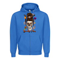 True Royal Spooky Vibes Skull Messy Bun Zipper Hoodie - texasbilliewilder