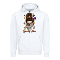 White Spooky Vibes Skull Messy Bun Zipper Hoodie - texasbilliewilder
