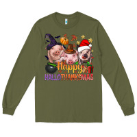 Army Green Happy Hallothanksmas Pigs Long Sleeve Tee - BundleAndBundleShop