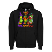 Black Happy Hallothanksmas Zipper Hoodie - NancyCooperArtShop