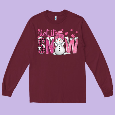 Pink Let It Snow With Cute Snowman Long Sleeve Tee Designed By Bundleandbundleshop