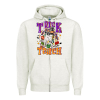 Oatmeal Heather trick or teach halloween Zipper Hoodie - NancyCooperArtShop
