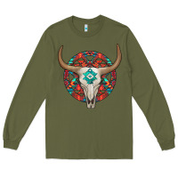 Army Green turquoise aztec bullskull Long Sleeve Tee - JahusDesignShop