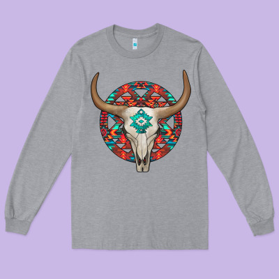 Turquoise Aztec Bullskull Long Sleeve Tee Designed By Jahusdesignshop