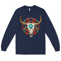 Navy turquoise aztec bullskull Long Sleeve Tee - JahusDesignShop