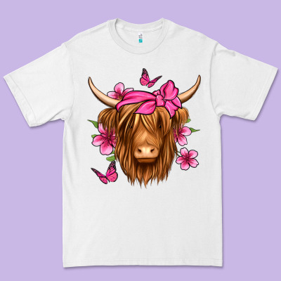 Floral Pink Bandana Longhaired Cow Premium Tee Designed By Jasminsmagicworld