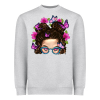 Heather Grey Messy Bun Mom With Butterfly Heavyweight Sweatshirt - BundleAndBundleShop