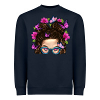 Navy Messy Bun Mom With Butterfly Heavyweight Sweatshirt - BundleAndBundleShop