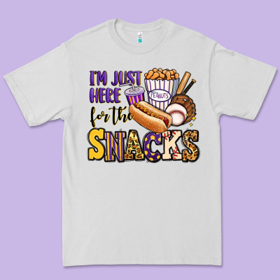 I'm Just Here For The Snacks Baseball Purple And G Premium Tee Designed By Jasminsmagicworld