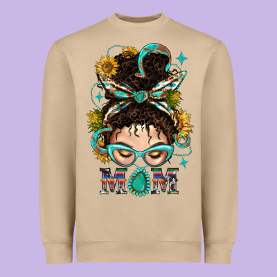 Western Messy Bun Mom With Sunflower Heavyweight Sweatshirt Designed By Bundleandbundleshop