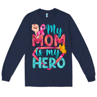 Navy My Mom Is My Hero Breast Cancer Long Sleeve Tee - BundleAndBundleShop