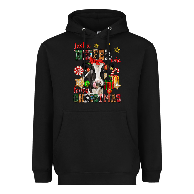 Just A Heifer Who Loves Christmas Cow Heavyweight Hoodie by CowGirlArtShop | Teevron