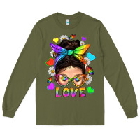 Army Green LGBTQ+ Messy Bun Mum Love With Hearts Long Sleeve Tee - BundleAndBundleShop