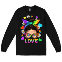 Black LGBTQ+ Messy Bun Mum Love With Hearts Long Sleeve Tee - BundleAndBundleShop