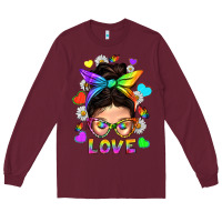 Burgundy LGBTQ+ Messy Bun Mum Love With Hearts Long Sleeve Tee - BundleAndBundleShop