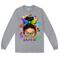Heather Grey LGBTQ+ Messy Bun Mum Love With Hearts Long Sleeve Tee - BundleAndBundleShop