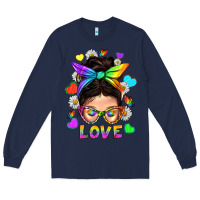 Navy LGBTQ+ Messy Bun Mum Love With Hearts Long Sleeve Tee - BundleAndBundleShop