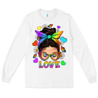 White LGBTQ+ Messy Bun Mum Love With Hearts Long Sleeve Tee - BundleAndBundleShop