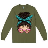 Army Green Messy Curly Bun Mom With Leopard Bandana Long Sleeve Tee - BundleAndBundleShop