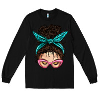 Black Messy Curly Bun Mom With Leopard Bandana Long Sleeve Tee - BundleAndBundleShop
