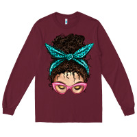 Burgundy Messy Curly Bun Mom With Leopard Bandana Long Sleeve Tee - BundleAndBundleShop