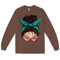 Chestnut Messy Curly Bun Mom With Leopard Bandana Long Sleeve Tee - BundleAndBundleShop