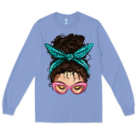 Colony Blue Messy Curly Bun Mom With Leopard Bandana Long Sleeve Tee - BundleAndBundleShop