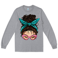 Heather Grey Messy Curly Bun Mom With Leopard Bandana Long Sleeve Tee - BundleAndBundleShop
