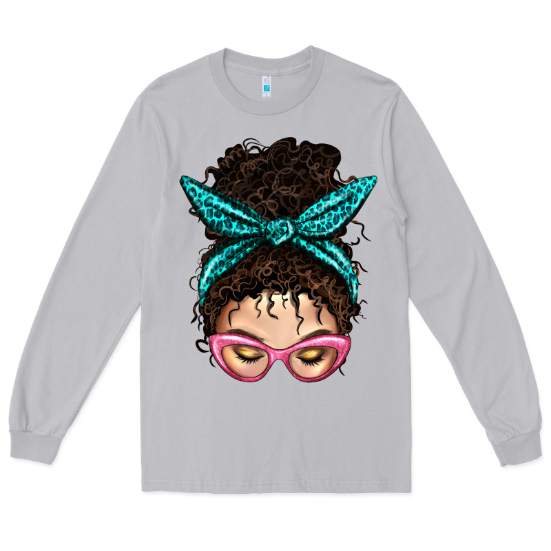 Messy Curly Bun Mom With Leopard Bandana Long Sleeve Tee by BundleAndBundleShop | Teevron