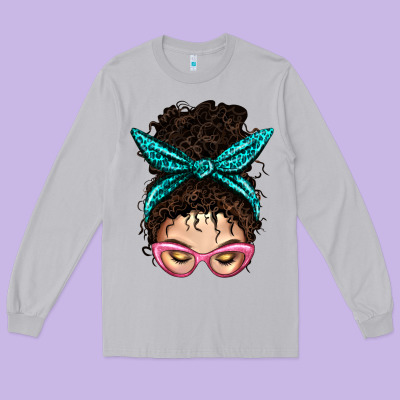 Messy Curly Bun Mom With Leopard Bandana Long Sleeve Tee Designed By Bundleandbundleshop