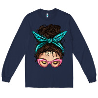 Navy Messy Curly Bun Mom With Leopard Bandana Long Sleeve Tee - BundleAndBundleShop