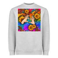 Heather Grey Heart And Sunflowers With Neon Leopard Patterns Heavyweight Sweatshirt - BundleAndBundleShop